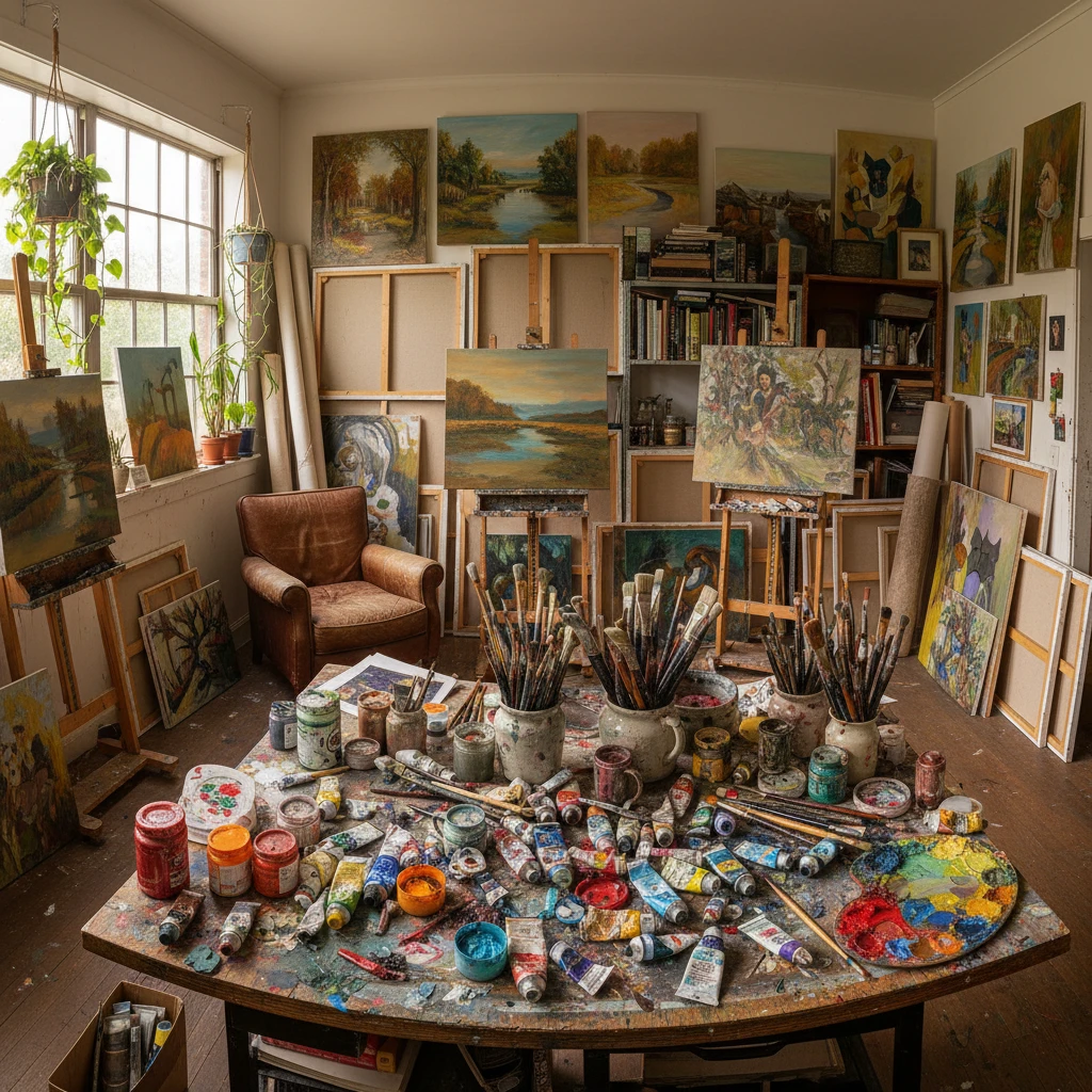Interieur van een rommelig maar inspirerend kunststudio, met halfafgewerkte doeken, verspreide verftubes en penselen in potten.