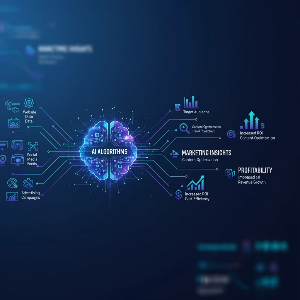 Infographic showing the flow of data into AI algorithms and the resulting marketing insights and profits.