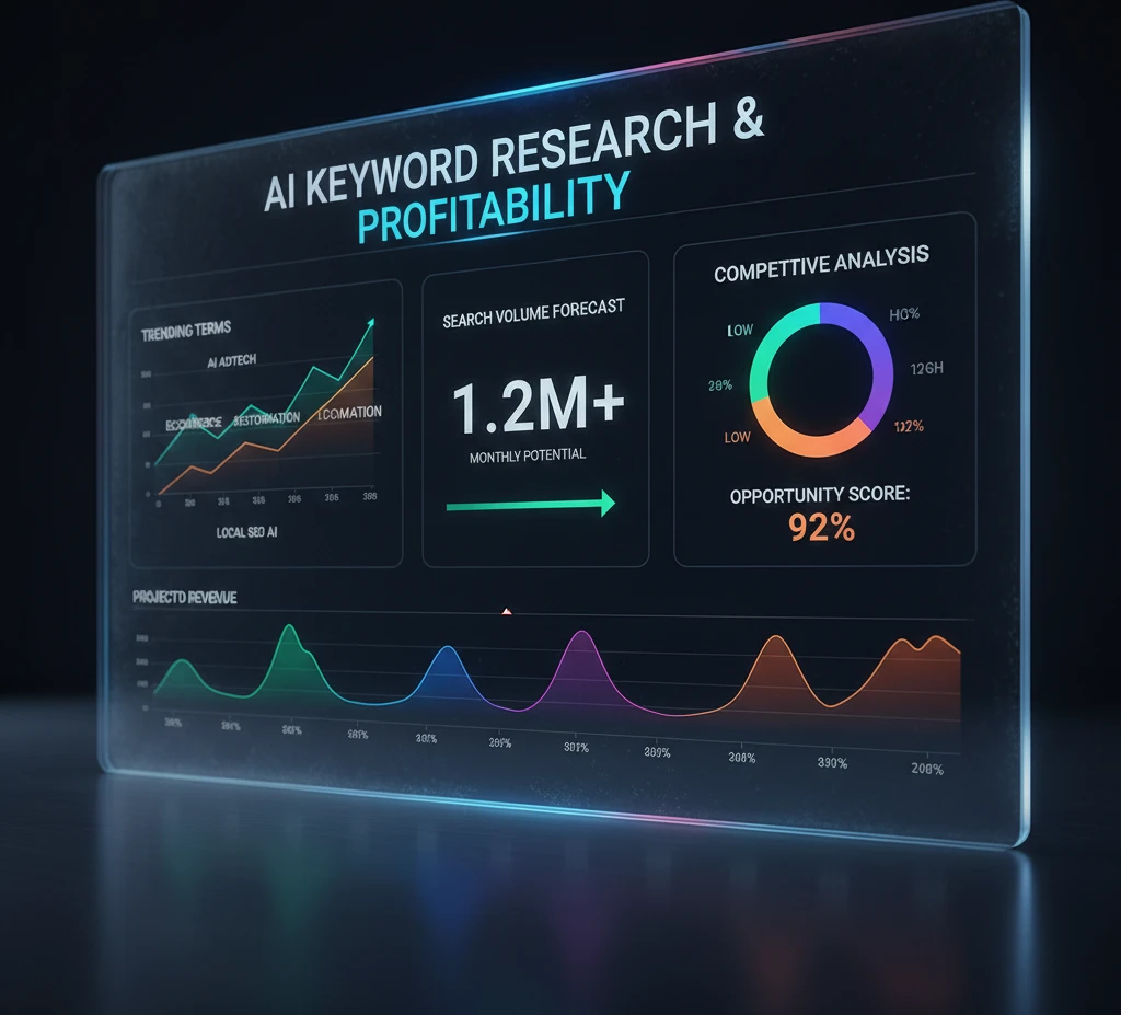 Dashboard showing AI-driven keyword research with trending terms, search volume forecasts, and competitive analysis.
