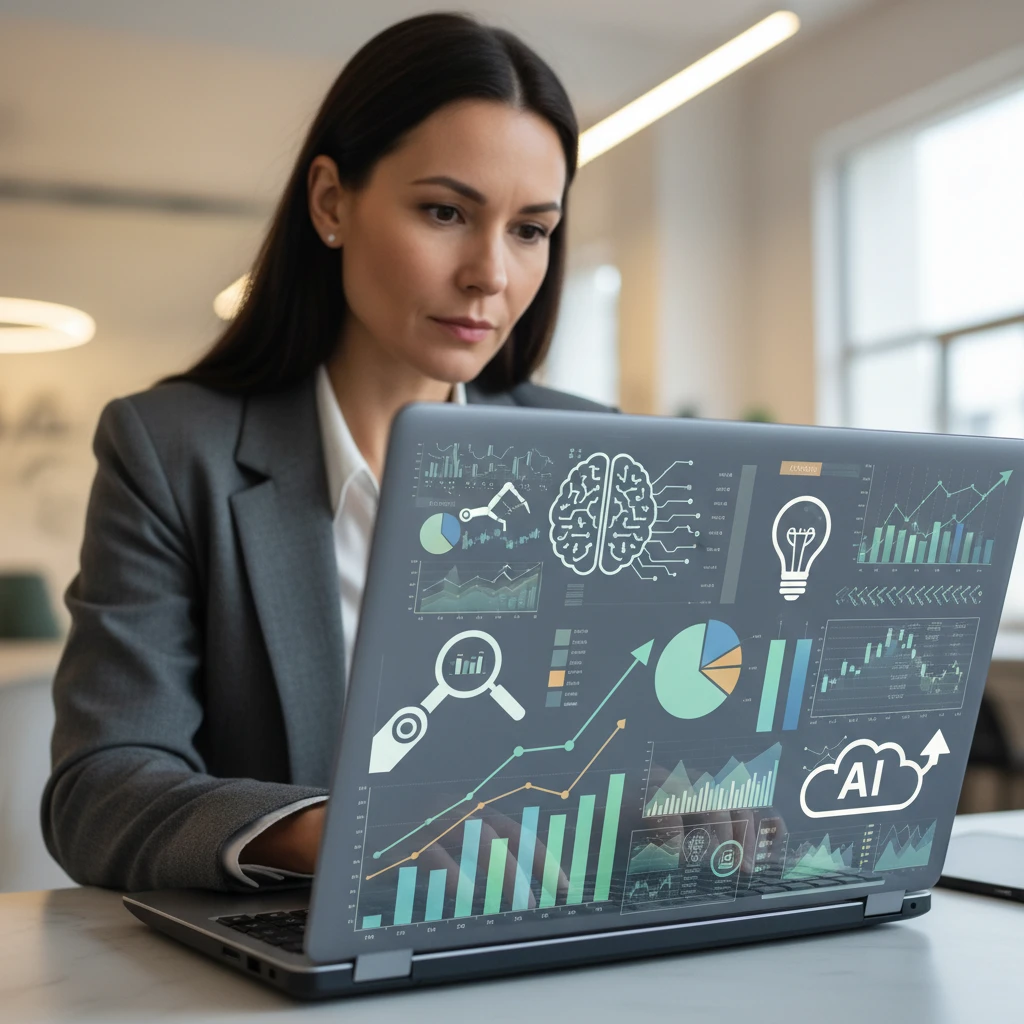 Business owner looking at a laptop screen displaying financial charts with AI-related icons overlaid.