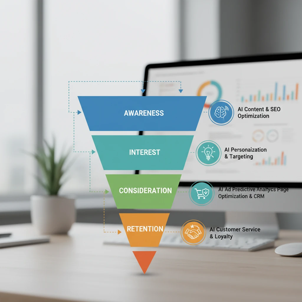 Flowchart showing a digital marketing funnel with AI intervention points highlighted for optimization.