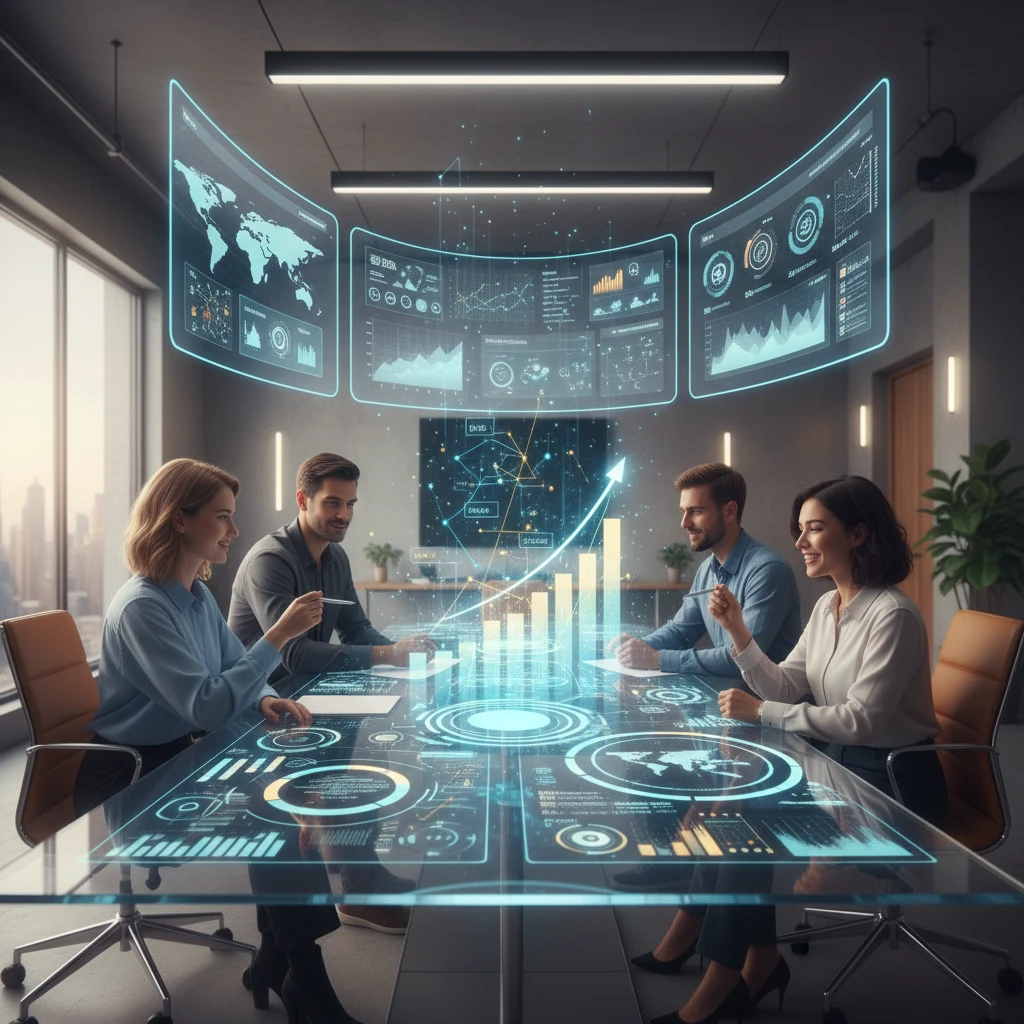 Illustration of a startup team collaborating with AI interfaces showing data visualizations and growth charts.