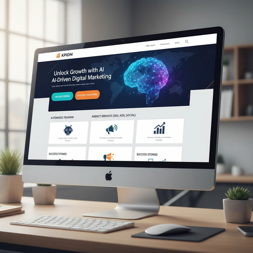 Mockup of an AI-optimized landing page with clear CTAs and engaging content, visualized on a desktop screen.