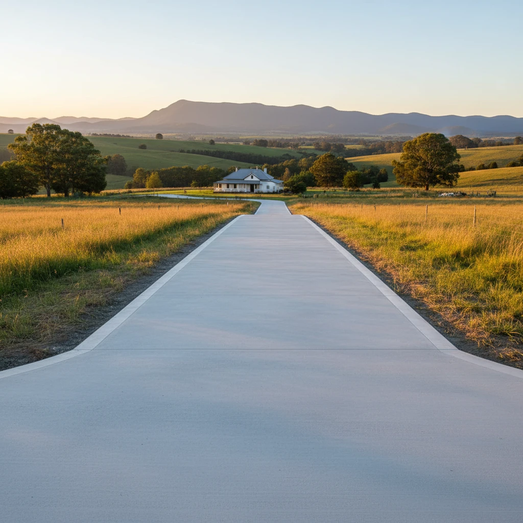 A newly poured concrete driveway on a rural property, with smooth, level finish and neat edges, leading towards a farmhouse.
