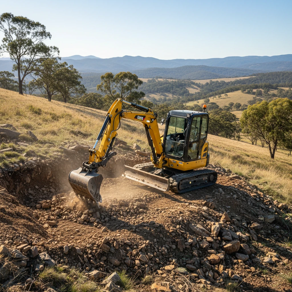 A small excavator carefully working on a steep, rocky slope, clearing ground for concrete work.