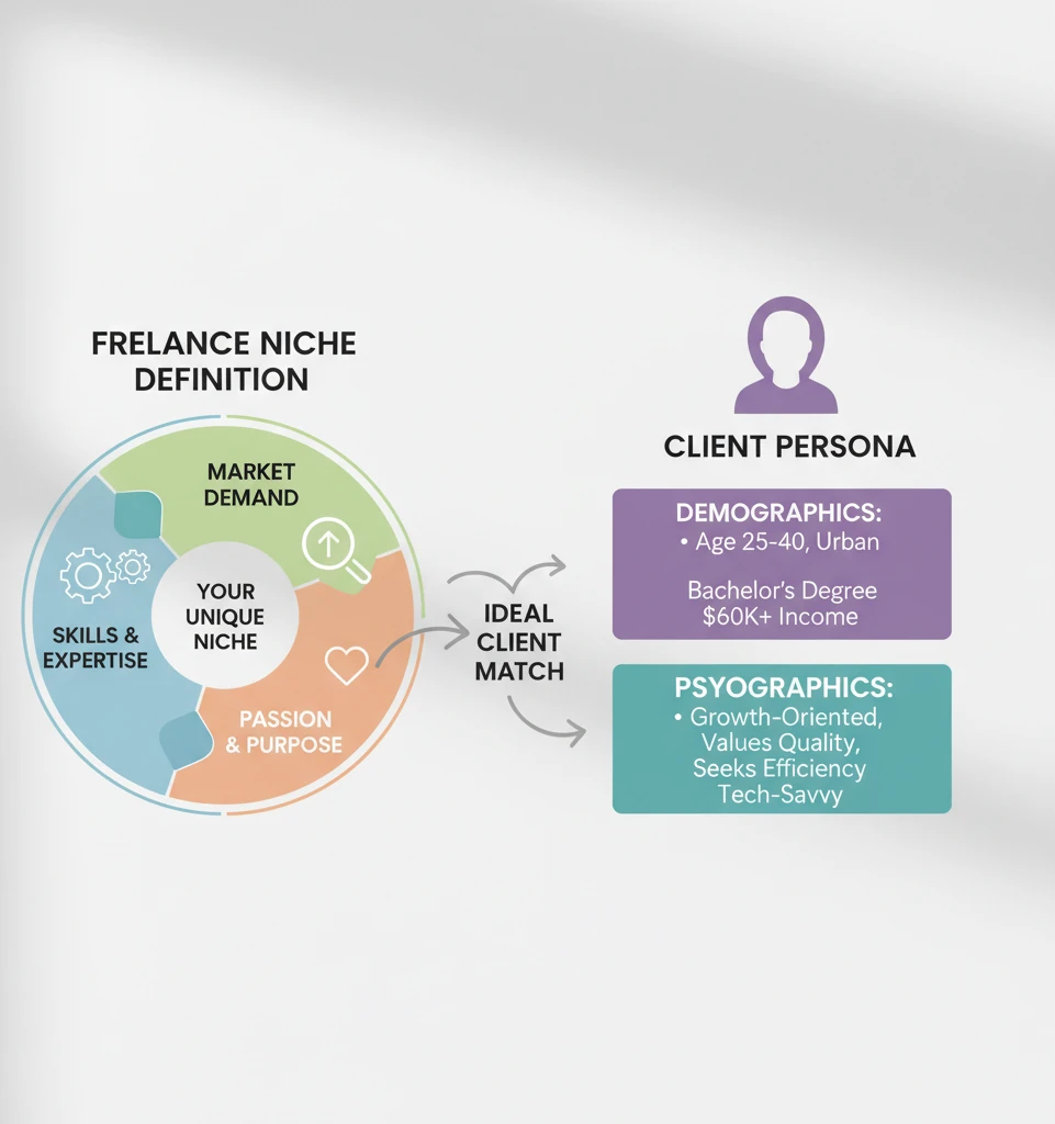 A stylized infographic showing key elements of a freelance niche definition, including skills, market demand, and passion, alongside a client persona with demographic and psychographic details.