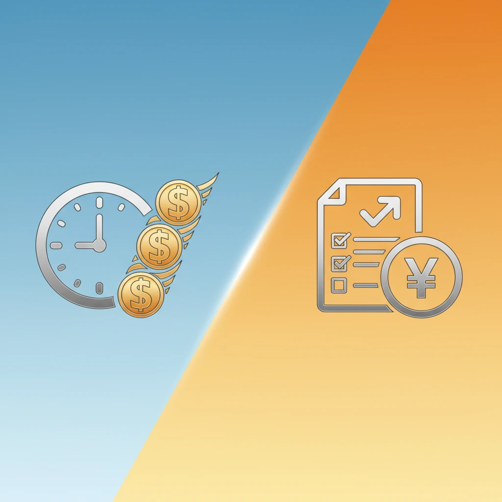 A split graphic comparing hourly and project-based pricing models. One side shows a clock icon with dollar signs, representing hourly. The other side shows a document icon with a price tag, representi