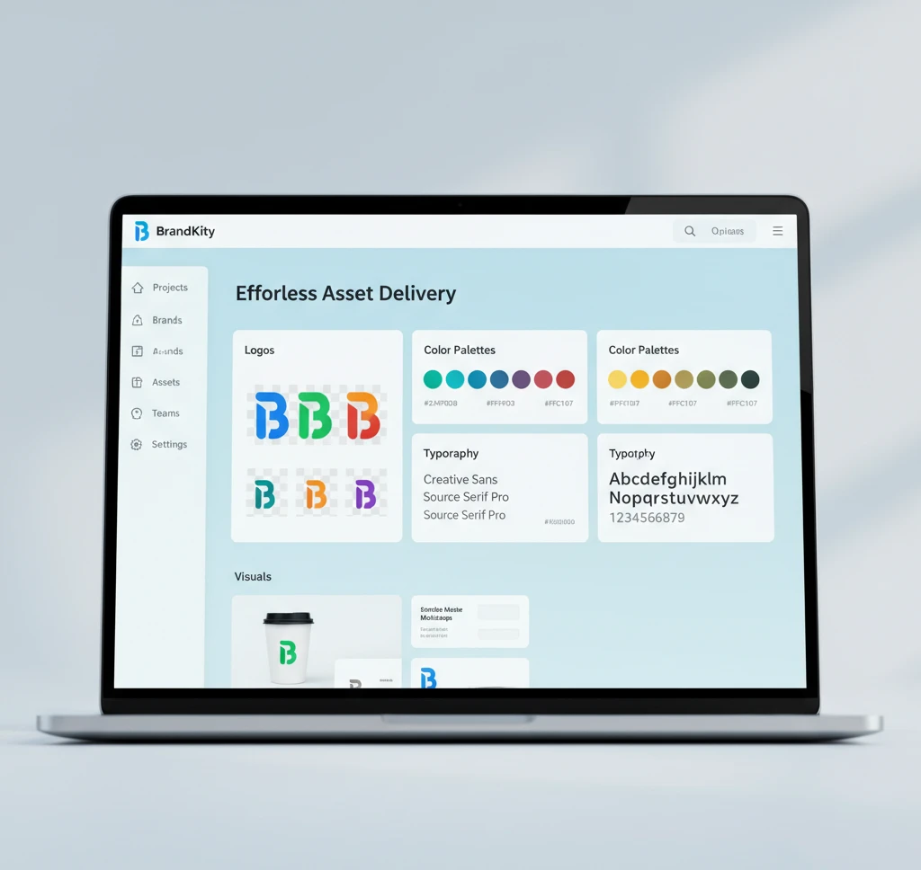 A clean, organized digital interface showcasing various brand assets like logos, color swatches, and typography samples.