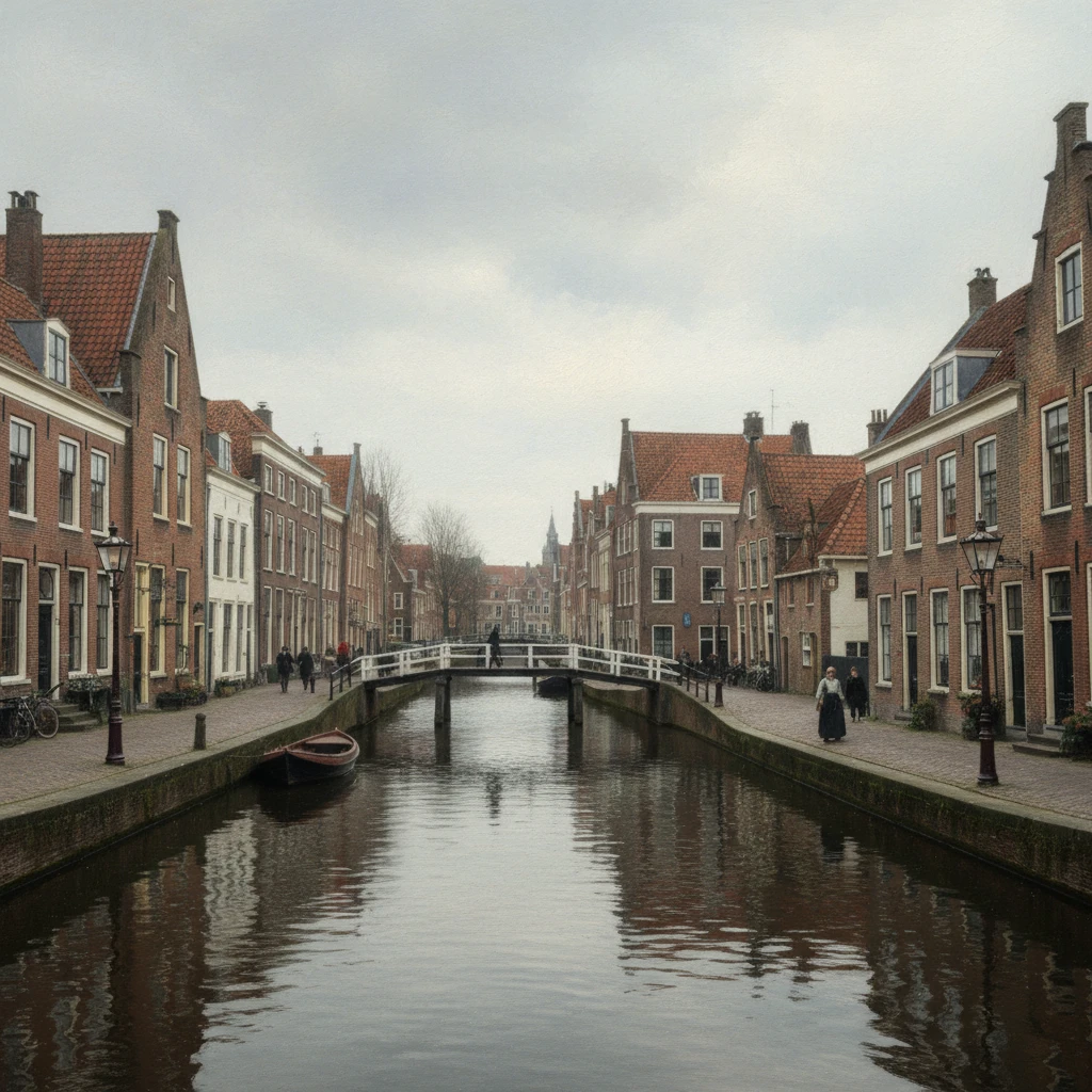 View of a canal in Delft with historic Dutch architecture under a cloudy sky, evoking the atmosphere of Vermeer’s era.