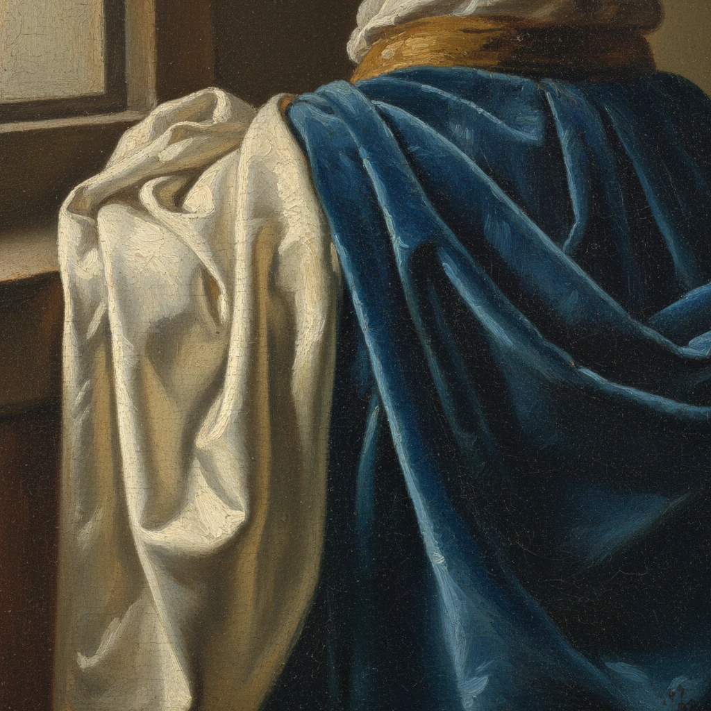 Detail of a Vermeer painting showing the texture of a fabric illuminated by soft, diffused light, highlighting the use of the