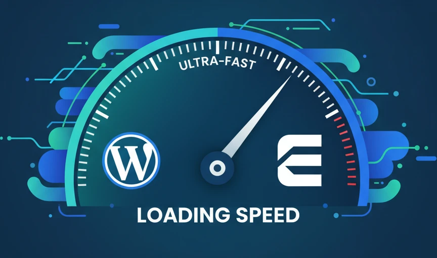 Illustration showing a speedometer with a WordPress and Elementor logo, indicating fast loading times.