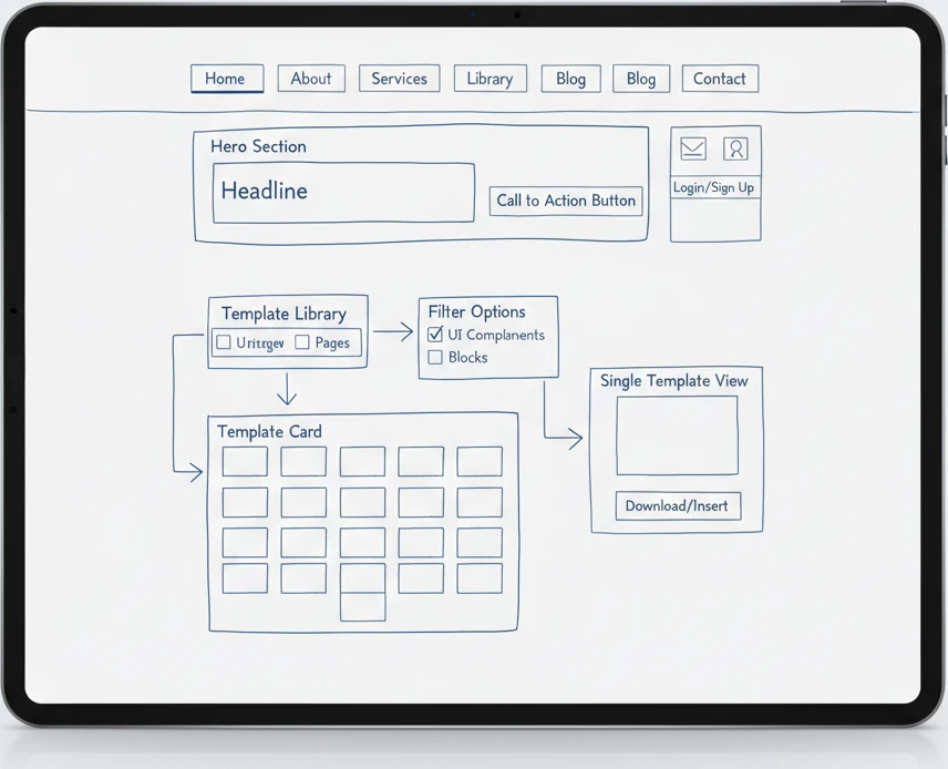 Wireframe sketch of a website navigation menu and user flow on a tablet screen.