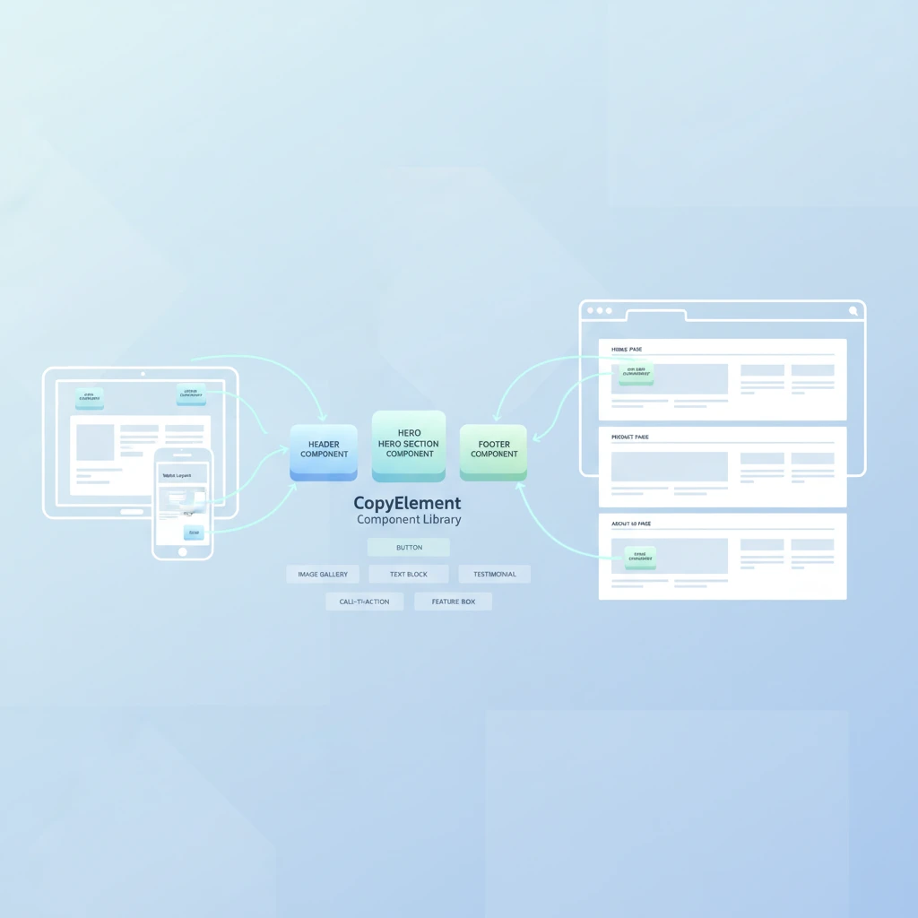 Diagram showing Elementor components as reusable blocks of website design elements, with arrows indicating their integration into different website sections.