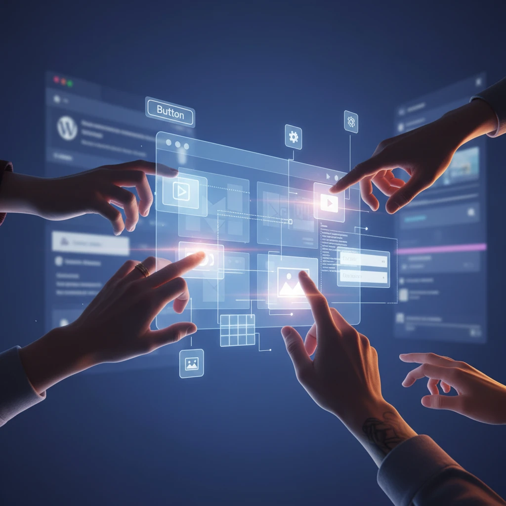 A stylized graphic depicting multiple hands working together on a digital interface, with various component icons scattered around.