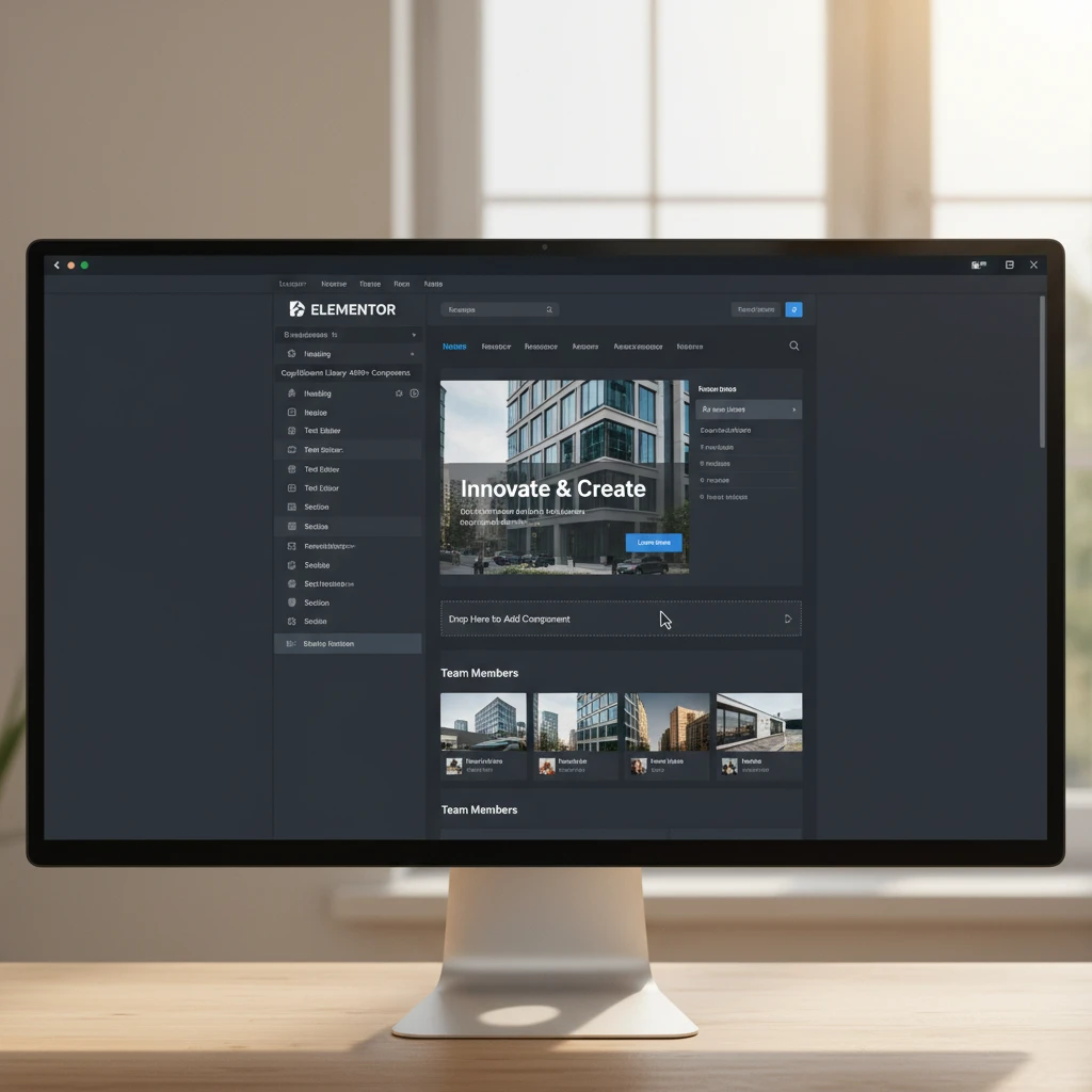 Elementor visual editor showing a website being built with drag-and-drop widgets and pre-designed sections.