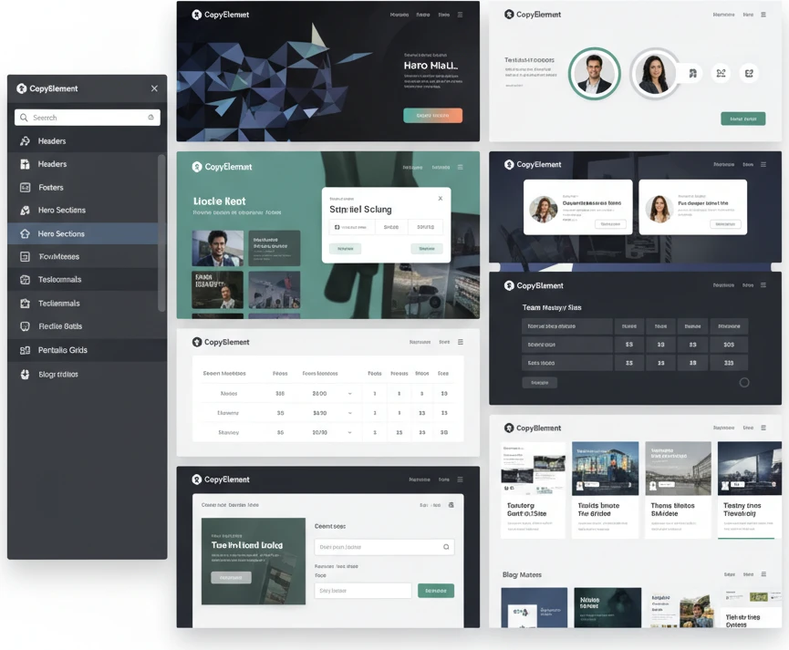 A collage of different CopyElement UI components displayed within the Elementor interface, showcasing diverse design styles and sections.