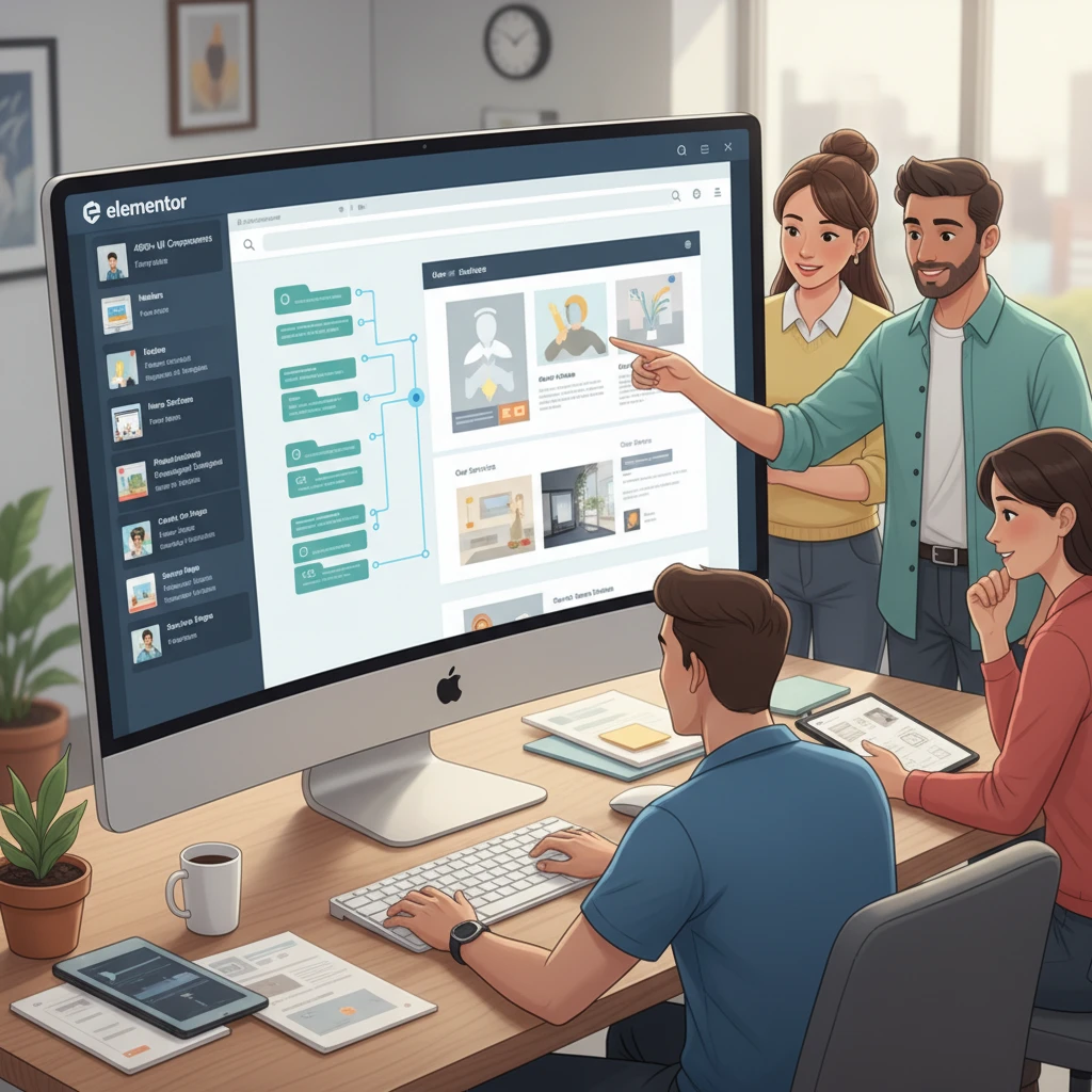 Illustration of a digital agency team collaborating around a computer screen showcasing a streamlined Elementor workflow with various template elements.