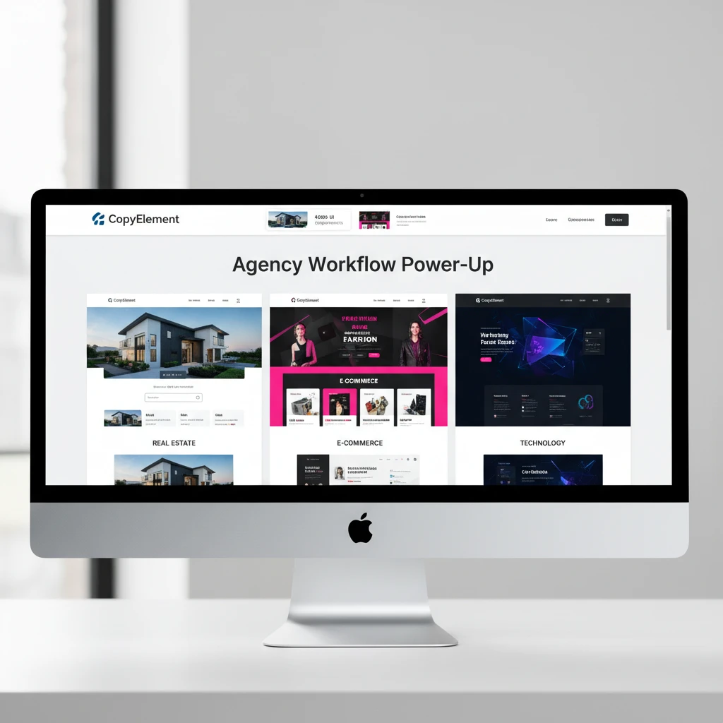Screenshot showcasing a variety of Elementor template kits for different industries, such as real estate, e-commerce, and technology.