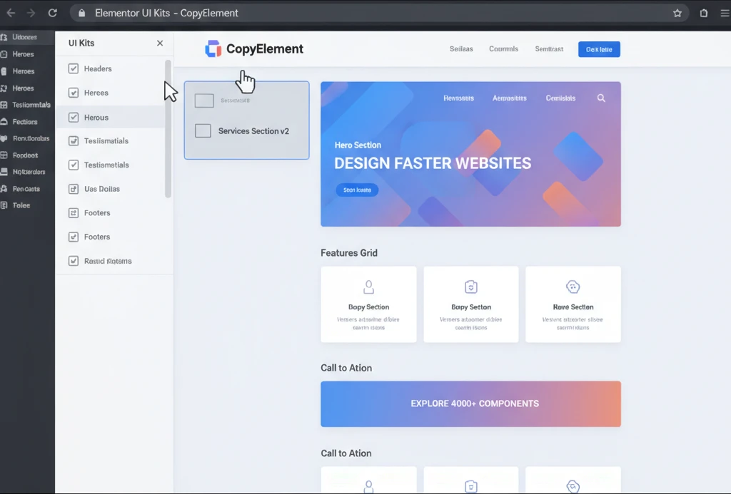 A screenshot of the Elementor editor showcasing a variety of pre-built sections and widgets being dragged and dropped to construct a webpage.