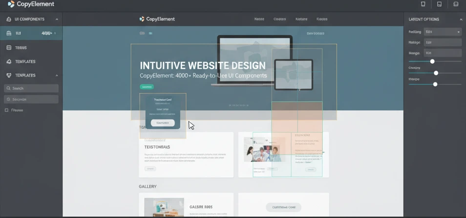 Elementor design canvas interface showing drag-and-drop widgets and layout options for website building