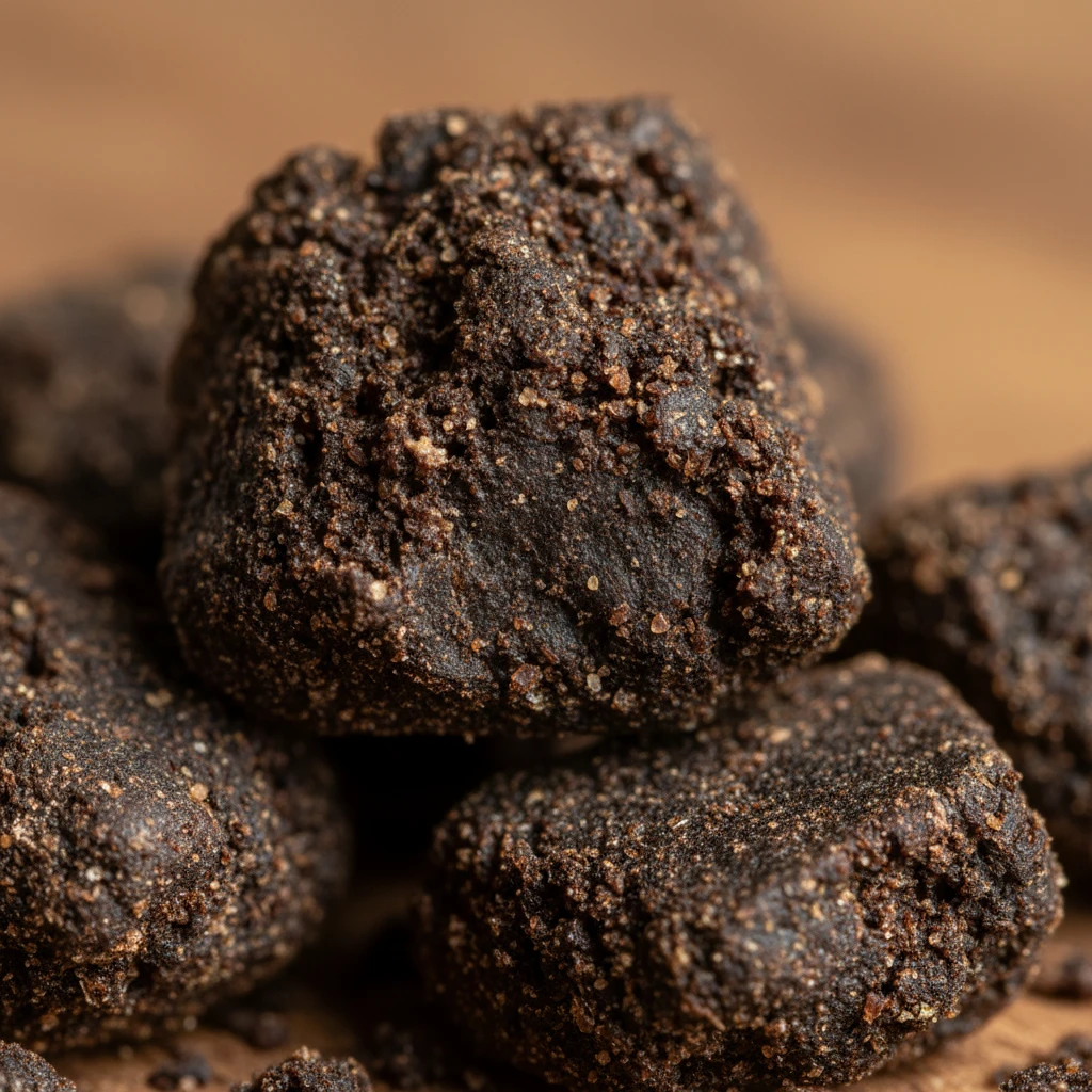 A close-up macro shot of high-quality Moroccan hashish, showcasing its rich texture and dark, earthy tones under soft lighting.