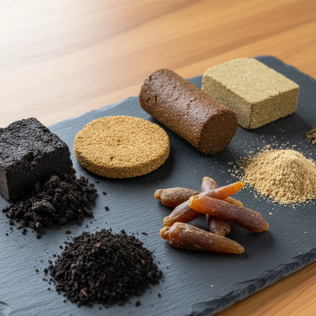 A visually appealing display of various hashish types laid out on a clean surface, illustrating differences in color and texture.