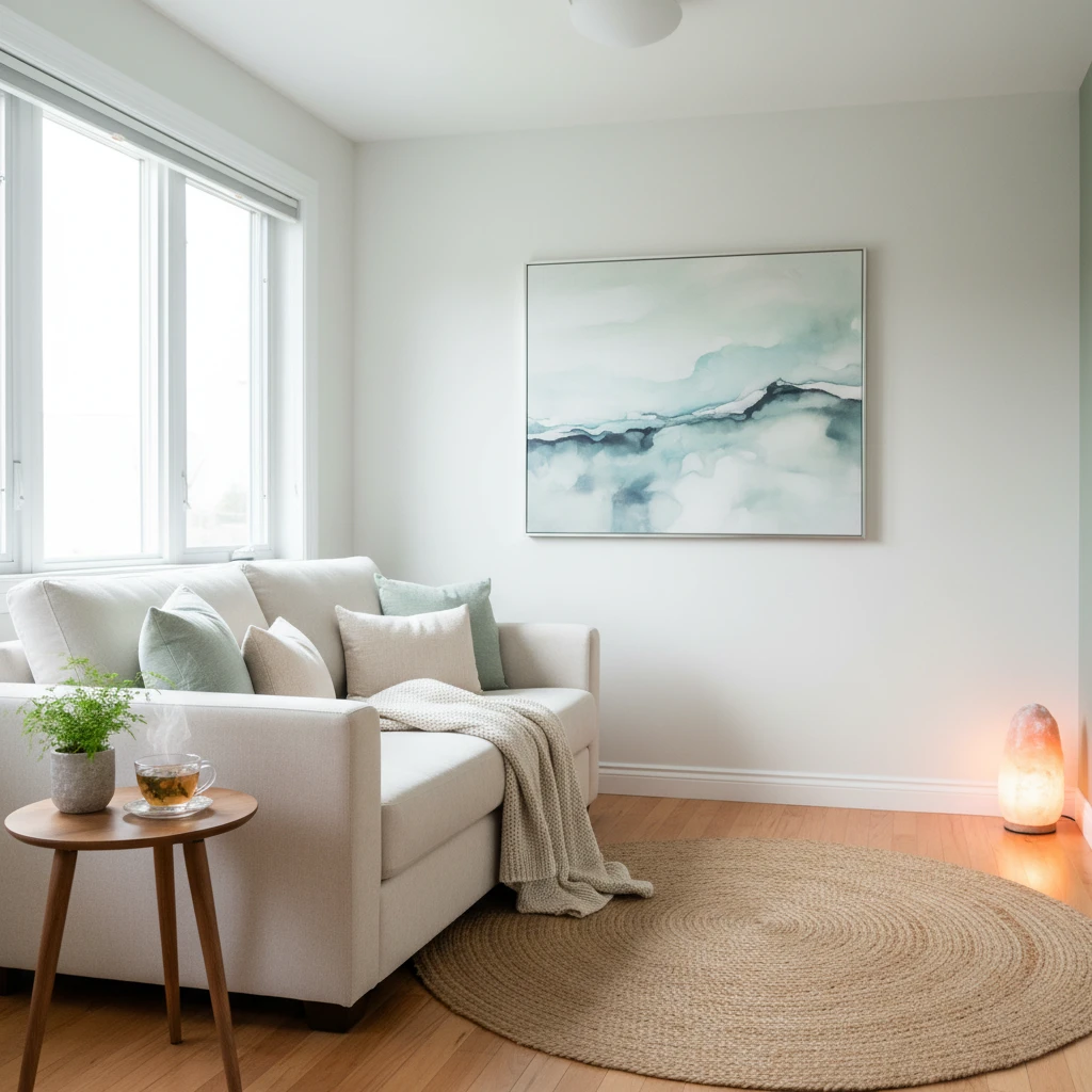 A serene and minimalist Ibogaine treatment room in Canada, featuring comfortable seating, calming decor, and natural light, suggesting a safe and therapeutic environment.