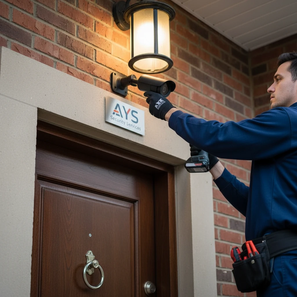 A technician carefully installing a high-definition CCTV camera on the exterior wall of a Guelph business, focusing on a well-lit entrance. The camera is sleek and unobtrusive.
