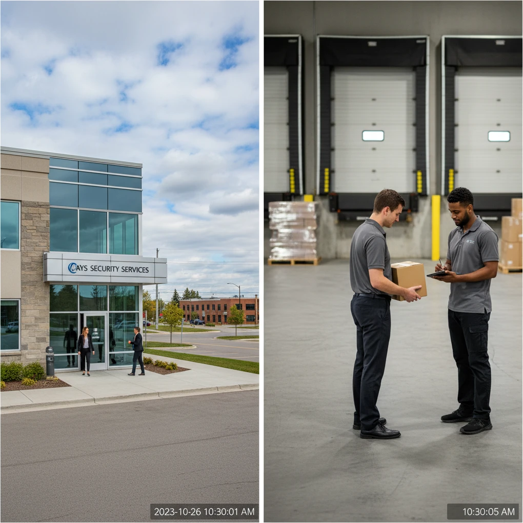 A split-screen view showcasing different camera angles from a commercial CCTV system: one showing a wide exterior view of a Guelph business entrance, and another a close-up detail of activity within a