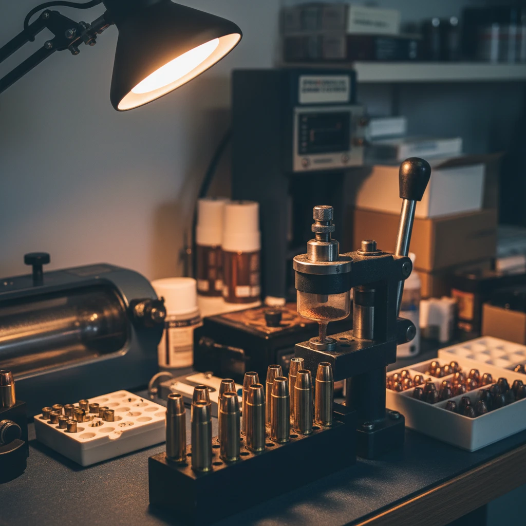 A meticulously organized reloading bench with various components like primers, brass casings, bullets, and a powder dispenser, illuminated by bright task lighting.