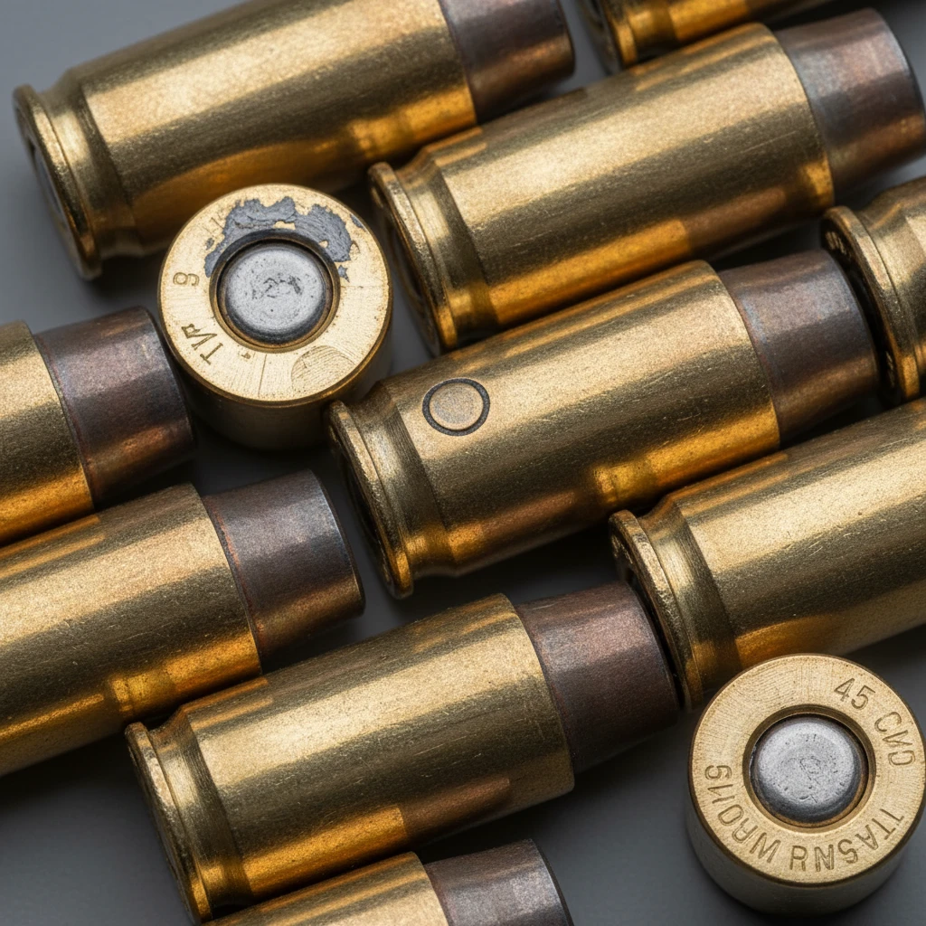 Close-up diagram illustrating various pressure signs on spent handgun casings, such as flattened primers, ejector marks, and case head expansion.