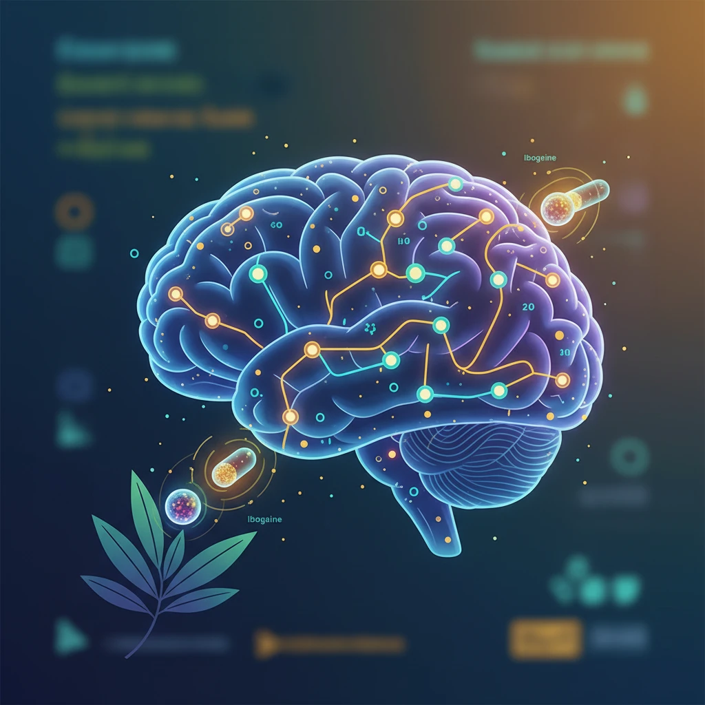Stylized infographic showing a simplified brain with interconnected nodes, illustrating neurotransmitter pathways being influenced by ibogaine.