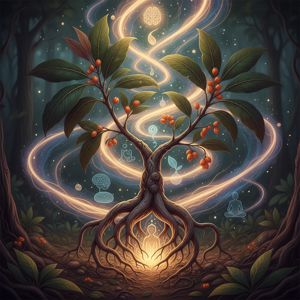 An artistic representation of the iboga plant with swirling, introspective light emanating from its roots, symbolizing deep healing and self-discovery.
