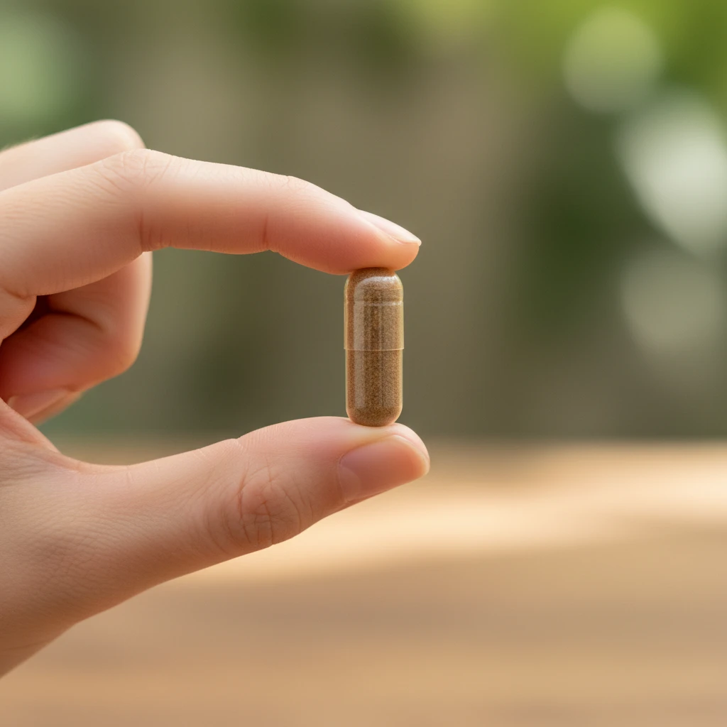 Ibogaine Capsules: Your UK Guide to Holistic Health A close-up of a hand holding a small, clear capsule filled with a natural-looking powder, representing the discreet nature of ibogaine capsules.