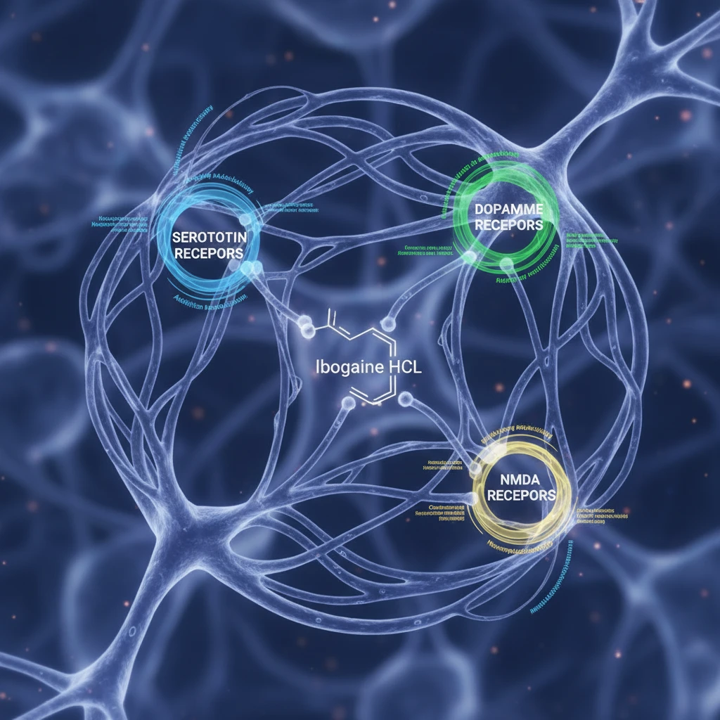 Ibogaine HCl: Safe Use & UK Sourcing Diagram illustrating the complex neurochemical pathways affected by Ibogaine HCl, including serotonin, dopamine, and NMDA receptors, with annotations explaining their role in addiction and mental heal