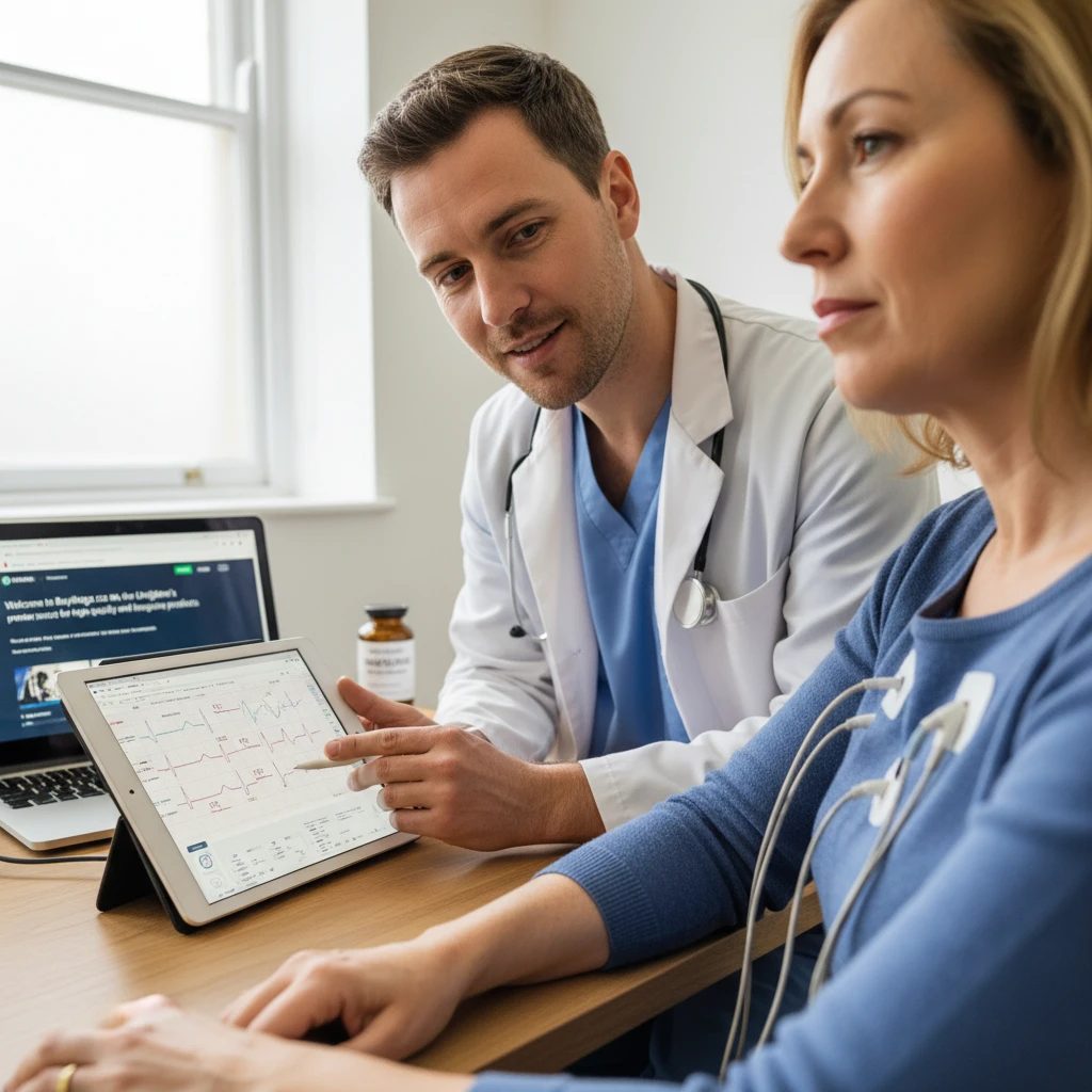 Ibogaine HCl: Safe Use & UK Sourcing Medical professional reviewing an ECG readout with a patient, symbolizing the crucial cardiac screening before Ibogaine HCl administration.