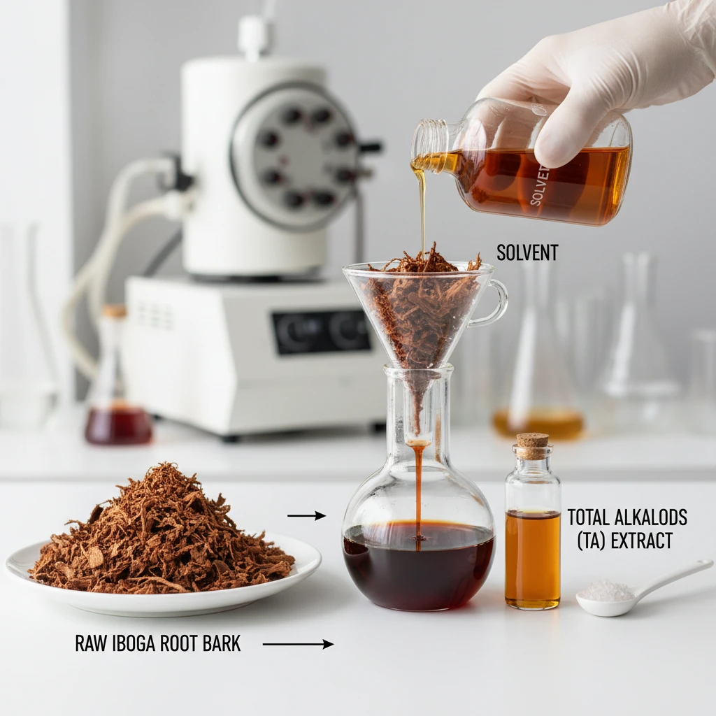 Diagram illustrating the process of extracting Total Alkaloids (TA) from Iboga root bark, showing raw material, solvent application, and filtered extract.