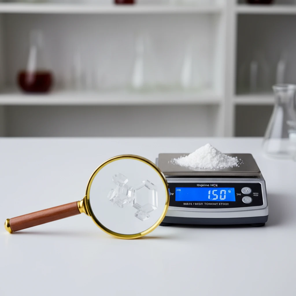 Ibogaine Treatment Options: UK's Trusted Source Close-up of a laboratory scale displaying a small pile of white crystalline powder, representing purified Ibogaine HCl, with a magnifying glass nearby.