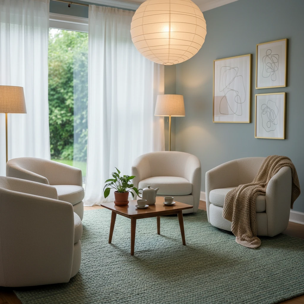 A serene therapy room with comfortable seating, soft lighting, and calming decor, suggesting a safe and supportive environment for introspection.