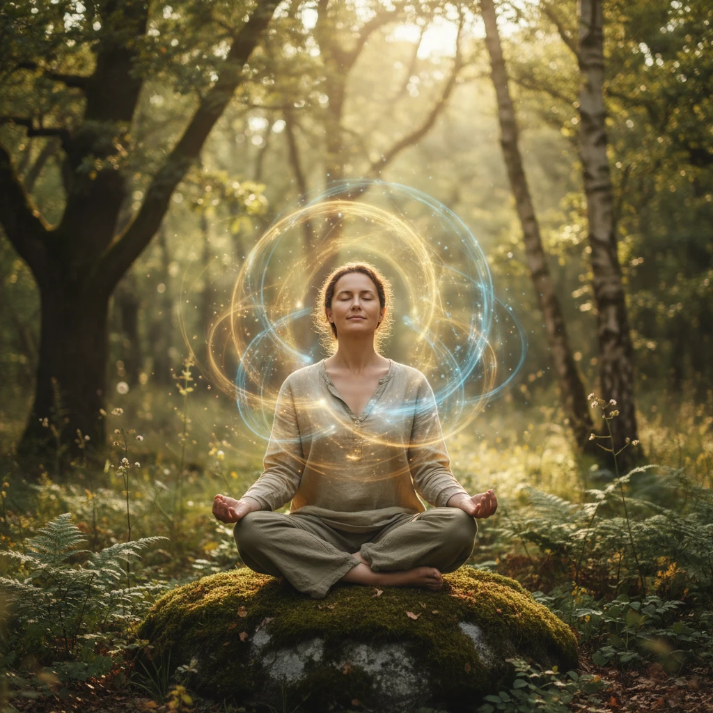 A person meditating peacefully outdoors, with subtle, ethereal light effects suggesting inner transformation.
