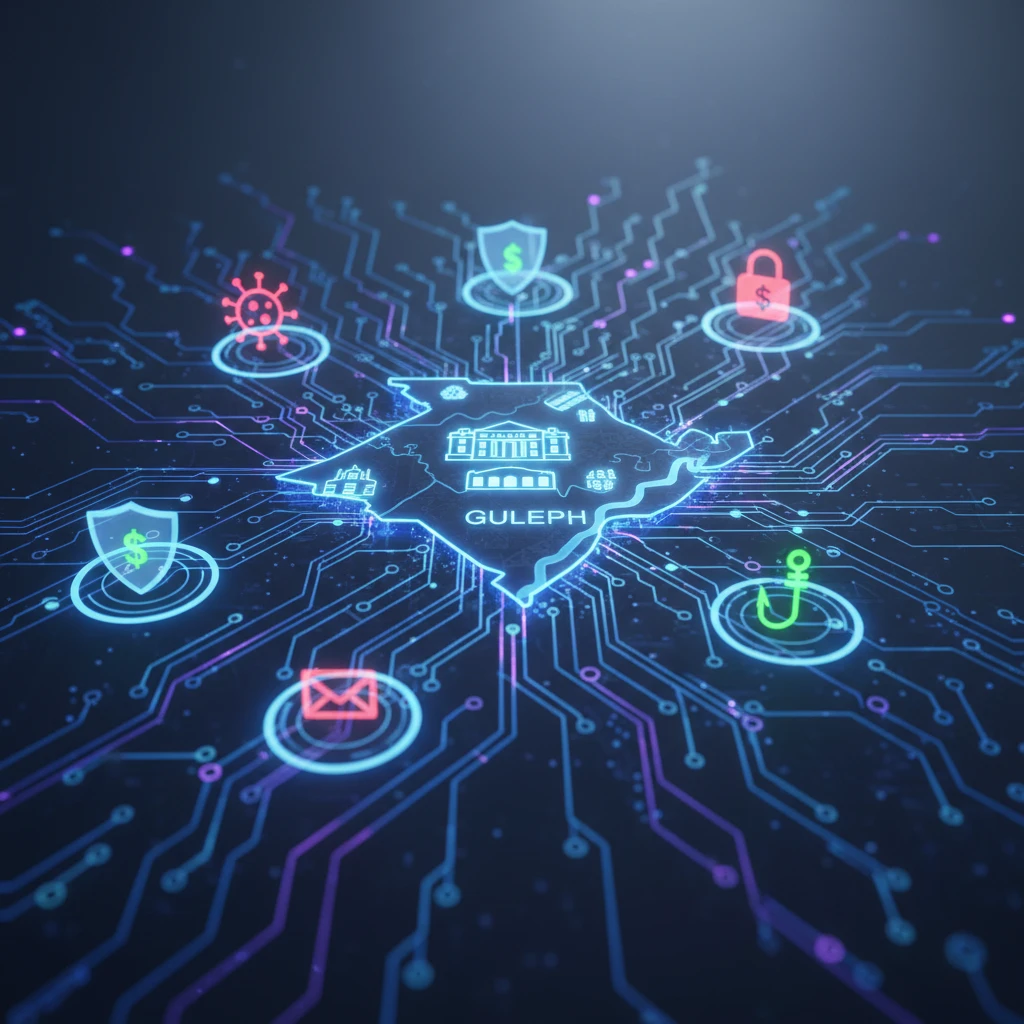 Illustration depicting a complex, interconnected network with various digital threat icons (viruses, ransomware locks, phishing hooks) surrounding a stylized map of Guelph, Ontario.