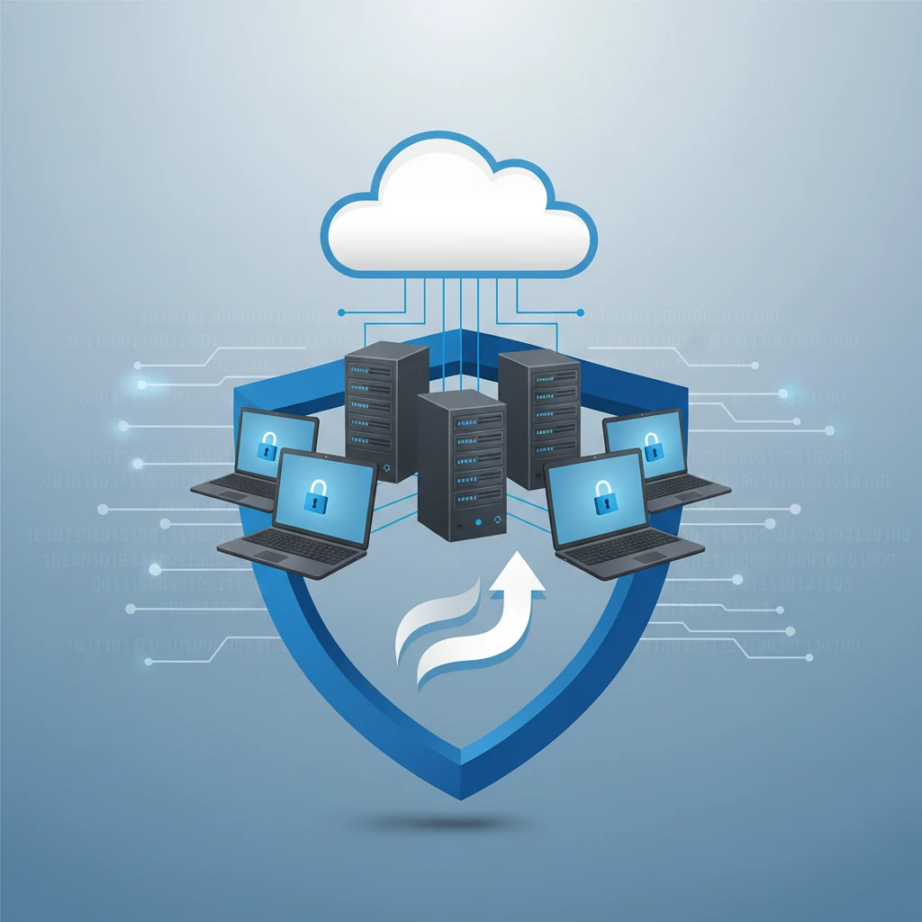 A graphic illustration representing data backup and disaster recovery, showing a cloud icon connected to multiple devices and servers with a shield symbol.