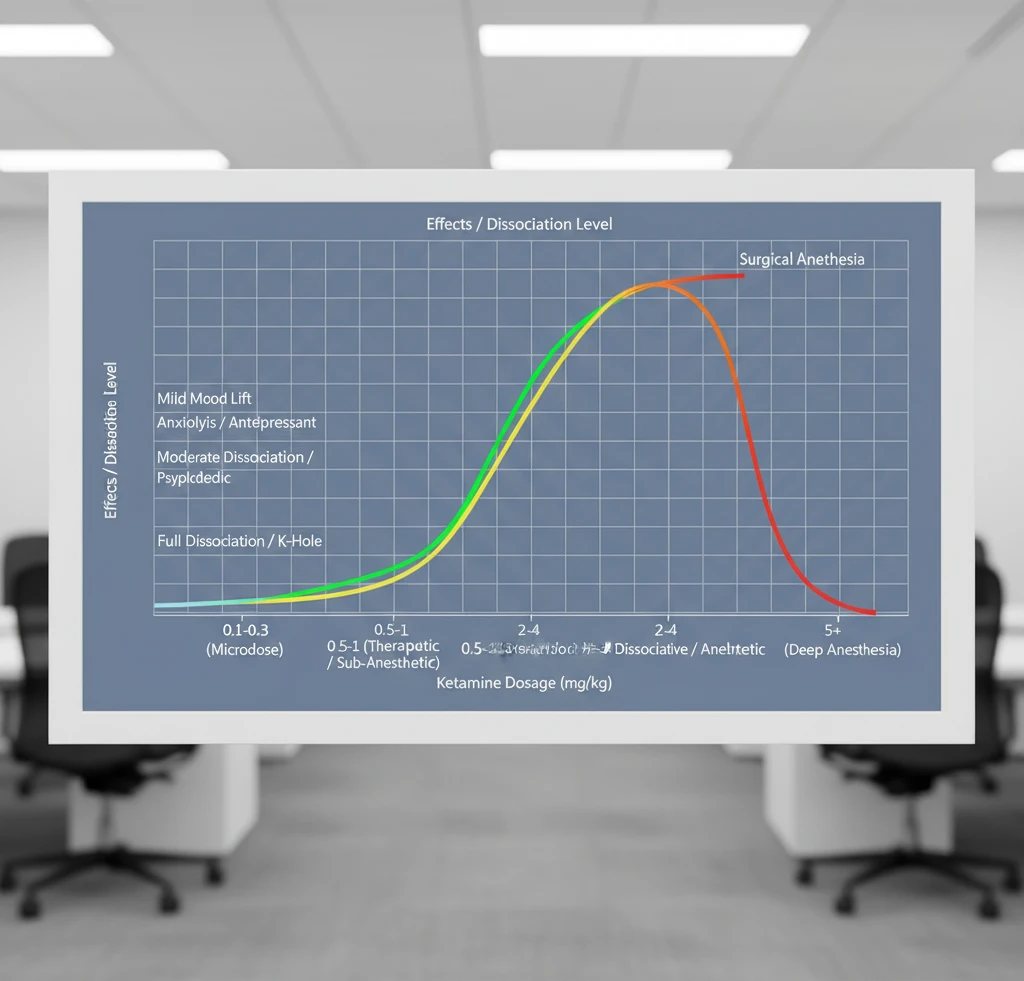 A chart illustrating the dose-response curve of ketamine, showing varying levels of dissociation and therapeutic effects at different milligram per kilogram (mg/kg) ranges.