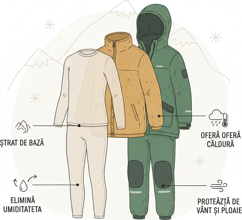 Diagramă ilustrând principiul de layering pentru copii, cu straturi de bază, intermediar și exterior, explicând rolul fiecăruia.
