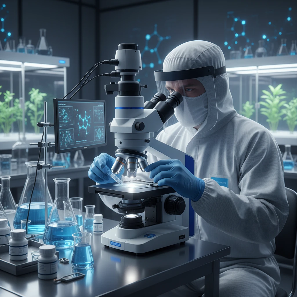 A sterile laboratory setting with a scientist in protective gear examining a sample under a microscope. The background shows advanced scientific equipment.