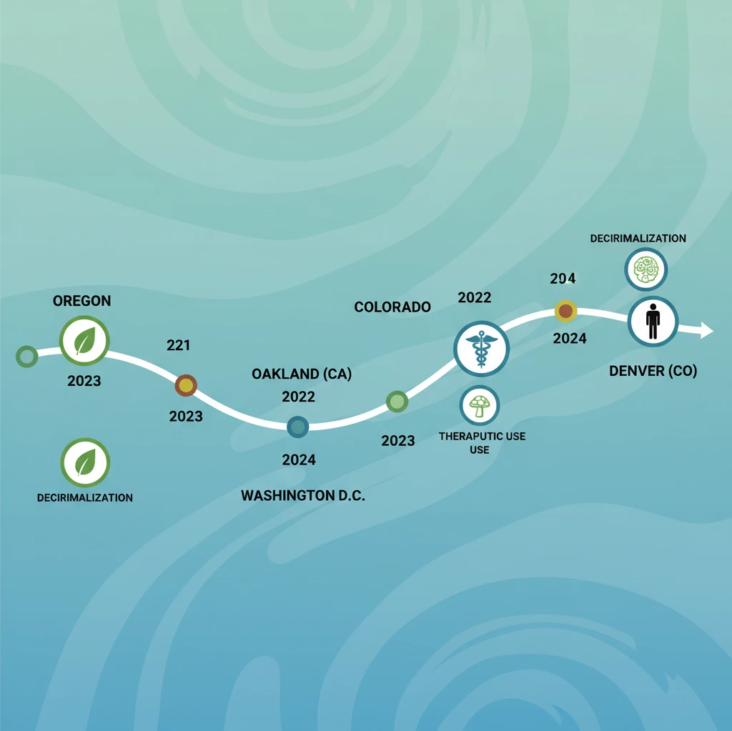 A stylized infographic showing a timeline of US states and their evolving psychedelic laws, with icons representing decriminalization, therapeutic use, and adult use.