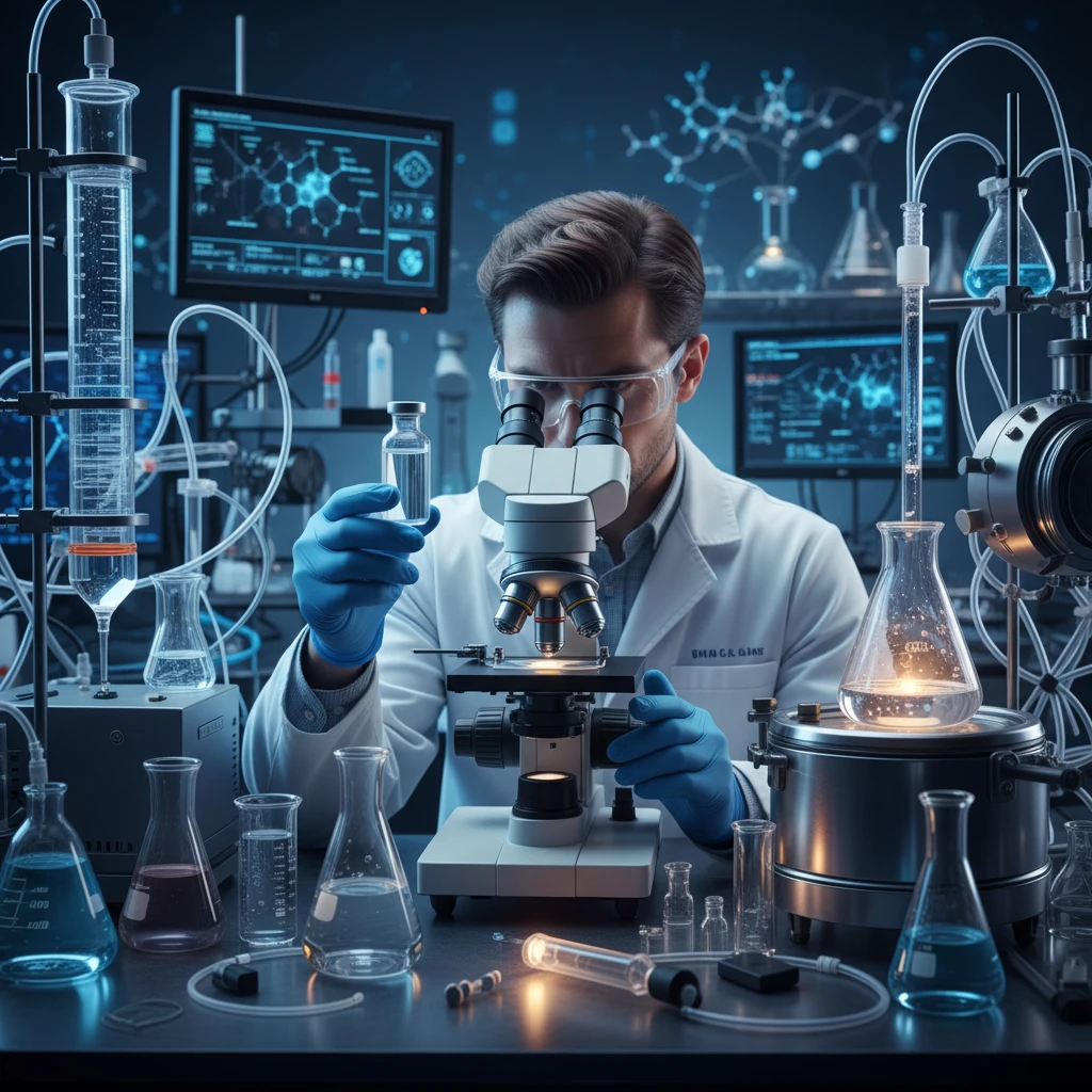 A close-up shot of a laboratory technician holding a vial of a clear liquid, examining it under a microscope. The background shows sophisticated lab equipment.