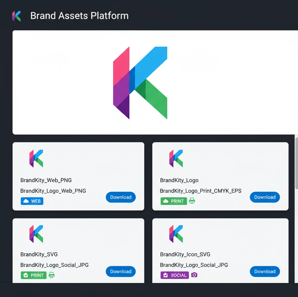 Close-up of a brand asset platform interface showing various logo file formats available for download with clear labels indicating usage (e.g., Web, Print).