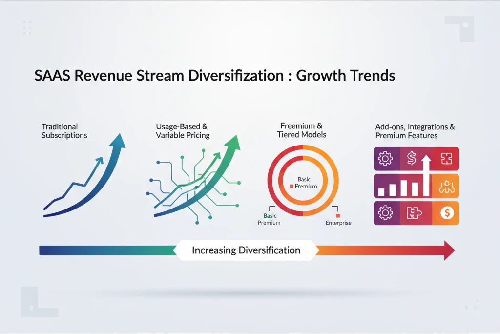 Infographic showing growth trends in SaaS revenue streams, with sections on subscriptions, usage-based, freemium, and add-ons, indicating increasing diversification.