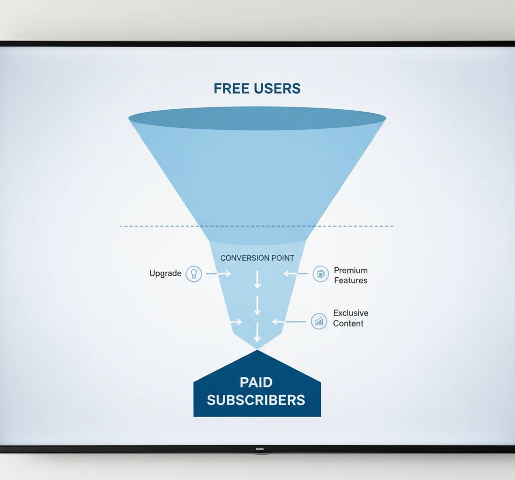 Diagram illustrating the Freemium model, showing a funnel with a wide top for free users and a narrowing section leading to paid subscribers, highlighting conversion points.